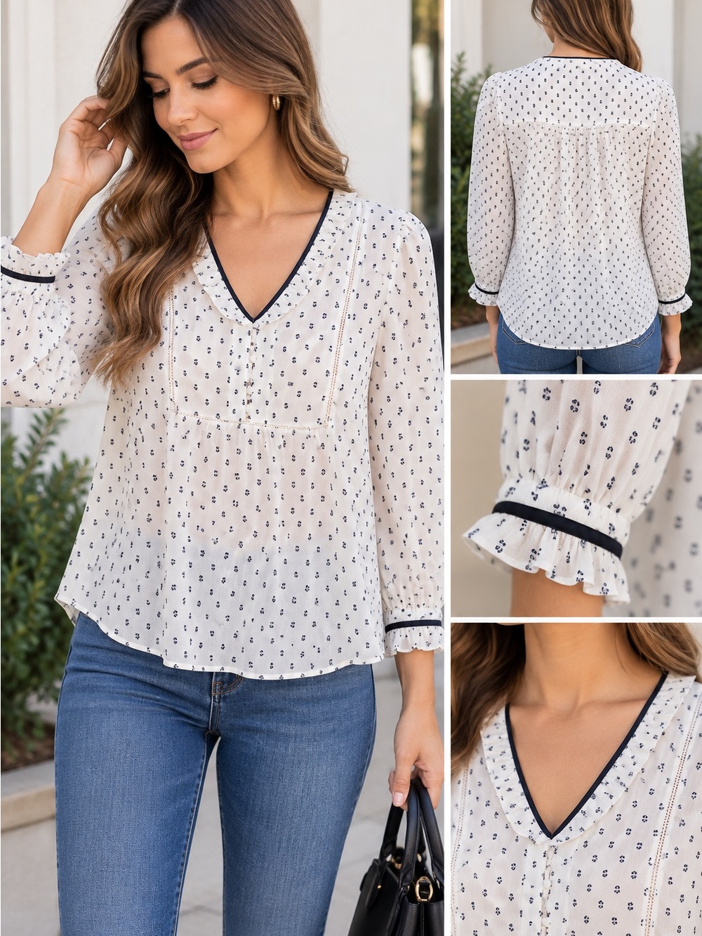 LOFT Cream V-Neck Printed Blouse with Navy Trim